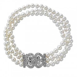 4.5 - 5.0mm Cultured Freshwater Pearl and 1/7 CT. T.W. Diamond Three Strand Bracelet in Sterling Silver - 8"