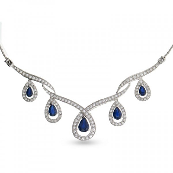 7/8 CT. T.W. Round Diamond and Blue Sapphire Necklace in 10K White Gold