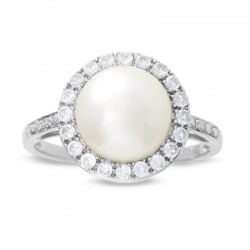 Freshwater Pearl and Lab-Created White Sapphire Ring with Diamond Accents in 10K White Gold