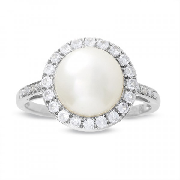 Freshwater Pearl and Lab-Created White Sapphire Ring with Diamond Accents in 10K White Gold