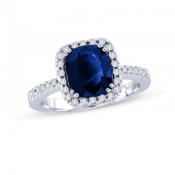 Cushion-Cut Blue Sapphire and 1/4 CT. T.W. Diamond Frame Engagement Ring in 14K White Gold