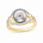 9.0mm Cultured Tahitian Pearl and 1/5 CT. T.W. Diamond Criss-Cross Split Shank Ring in 10K Gold