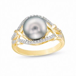 9.0mm Cultured Tahitian Pearl and 1/5 CT. T.W. Diamond Criss-Cross Split Shank Ring in 10K Gold