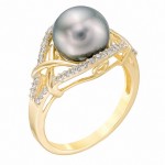 9.0mm Cultured Tahitian Pearl and 1/5 CT. T.W. Diamond Criss-Cross Split Shank Ring in 10K Gold