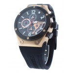  Unisex Chronograph Rose Gold Watch Black Silicone Strap GMT